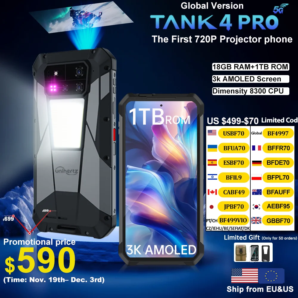 【Weltpremiere】Unihertz by 8849 Tank 4 Pro Smartphone 5G mit 720P Projektor Abmessung 8300 36 GB + 1 TB Mobiltelefon 3K AMOLED