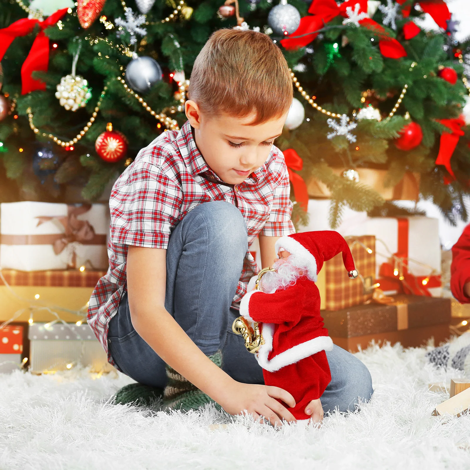 Figura de papai noel de natal com função de dança musical elétrica papai noel jogando saxofone atmosfera festiva decoração para bar de escritório