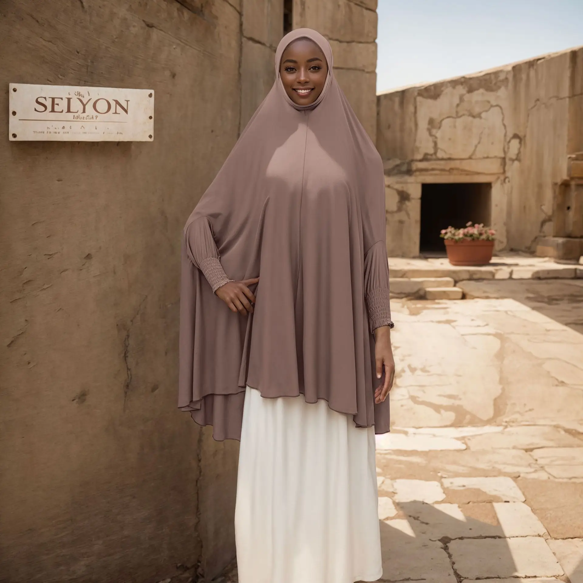 

Middle East Solid Color Crystal Linen Hooded Top Elastic Sleeve Djellaba Eid Muslim Prayer Garment Women Islam Clothing Khimar