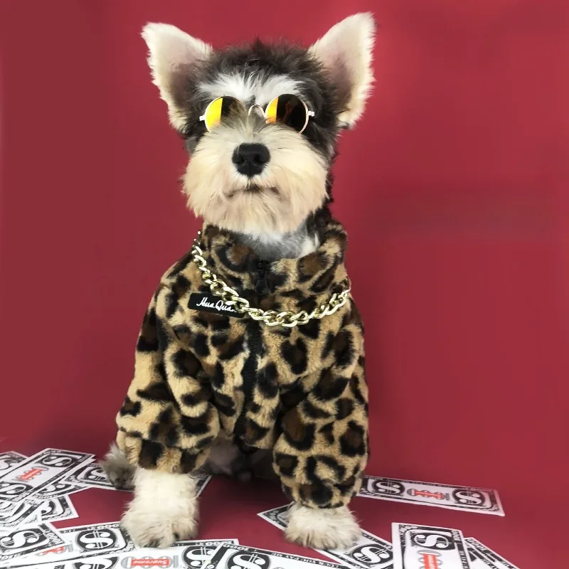 Leopard Print Thickened Plush Dog Jacket Spring Fall Puppy Clothes for Teddy Schnauzer Pomeranian Chihuahua