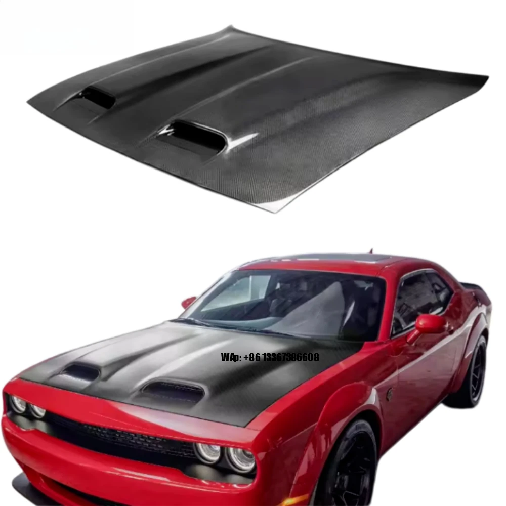 

New Carbon Fiber Front Engine Hood with Vents and Bolts Bolt-On Installation Black for Challenger Demon Style 2015-2021