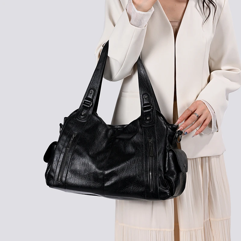 Damen Vintage PU-Leder Handtasche mit mehreren Reißverschlusstaschen, modische Schulter- und Umhängetasche für Arbeit, Alltag und Reisen – Detail 7