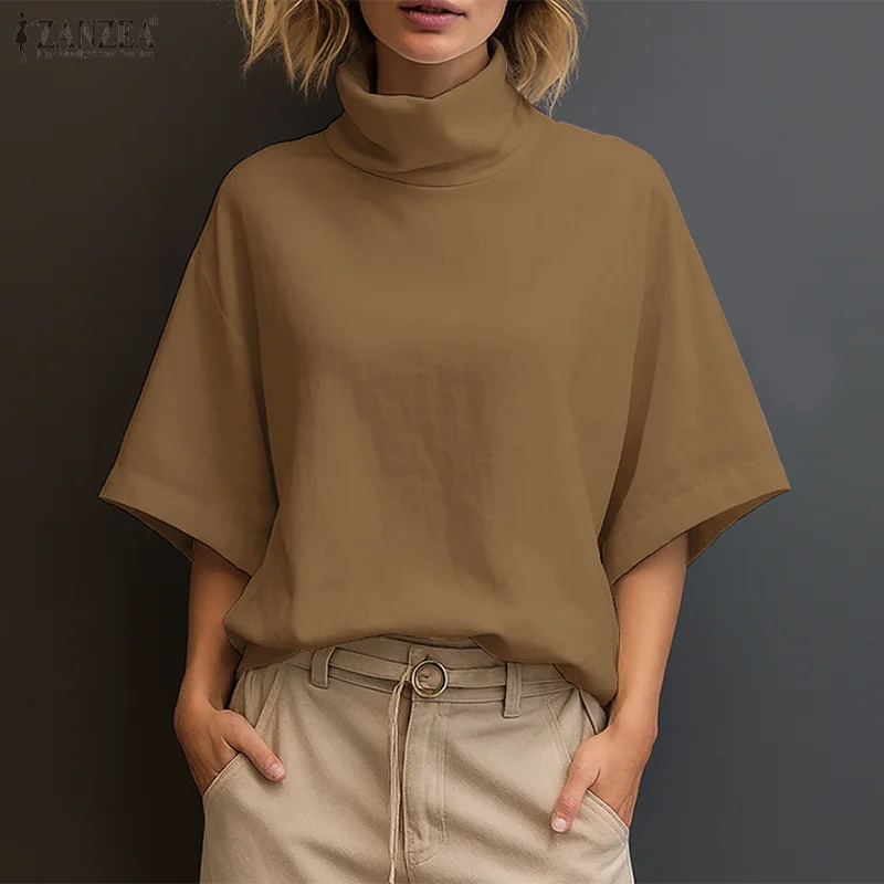 

2026 ZANZEA Elegant Women OL Work Blouse Stylish Summer Half Sleeve Blusas Office Shirt Solid Tunic Tops Casual Turtleneck Mujer
