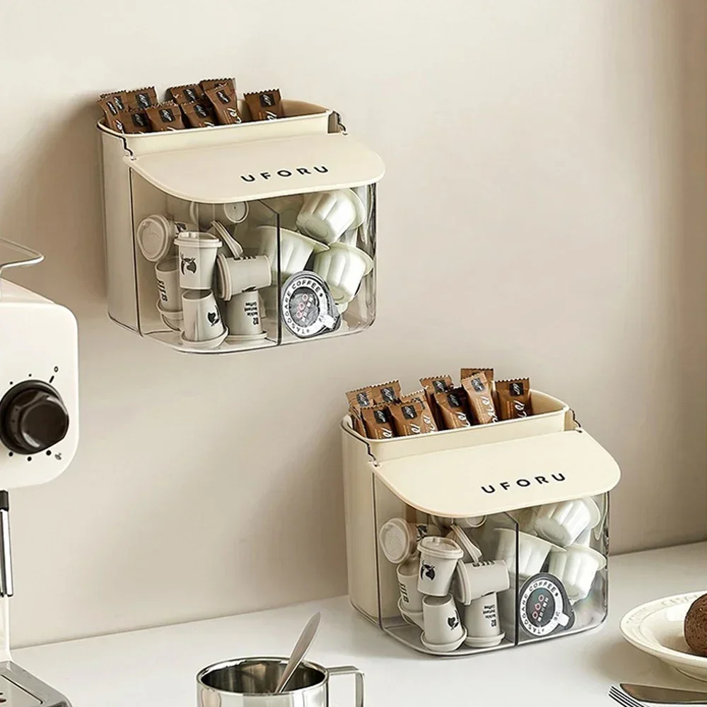 Wall Mounted Coffee Storage Boxes, Multifunctional Tea Bag, Coffee Pod, Tea Spoon, Dust Prevention Shelf, Storage Shelf