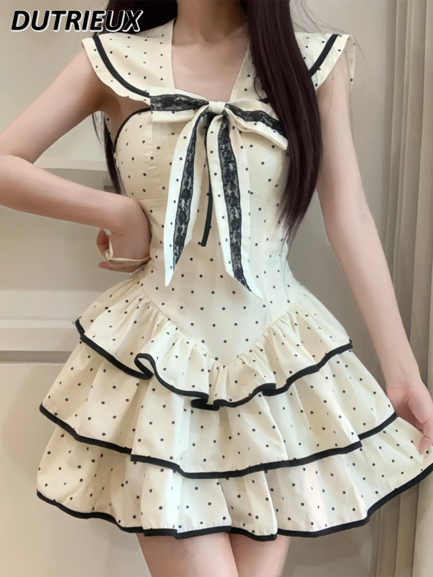 

Sweet Cute Girls Navy Collar Polka Dot Sleeveless Short Dress Summer New Bow Waist Slimming Thin Fluffy Princess Cake Dresses