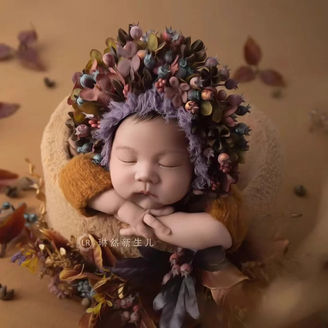 

Newborn Photography Props Floral Hat Posing Bucket Handmade Knitted Outfit Backdrop Theme Set for Studio Photoshoot Accessories