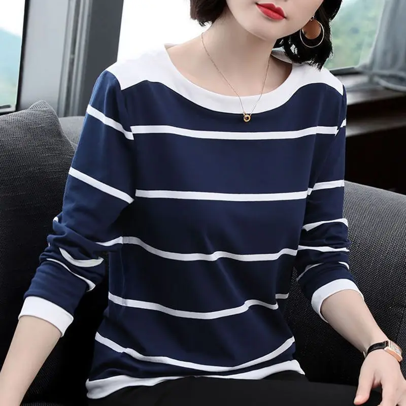 

New Spring and Autumn Women's Collection O-Neck Long Sleeve Loose Thin Striped Pullovers Classic Trendy Comfortable Tops