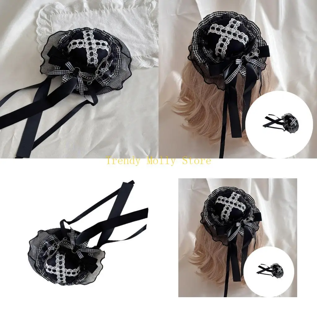 

N5KB Black Fashion Headpiece Lace Design Hat With Delicate Mesh And Metal Hairpin