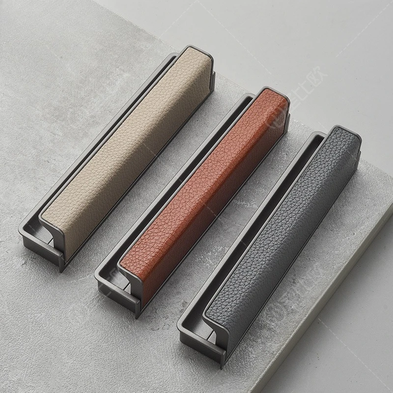 Embedded sliding door slotted leather hidden button cabinet drawer furniture handle