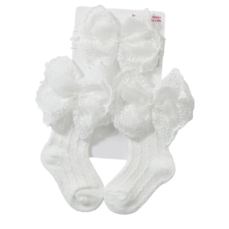 Baby Hair Band and Sock Set for 0-1 Years, Cotton Lace Accent Pair With Textured Socks for Daily Wear and Outfit Styling