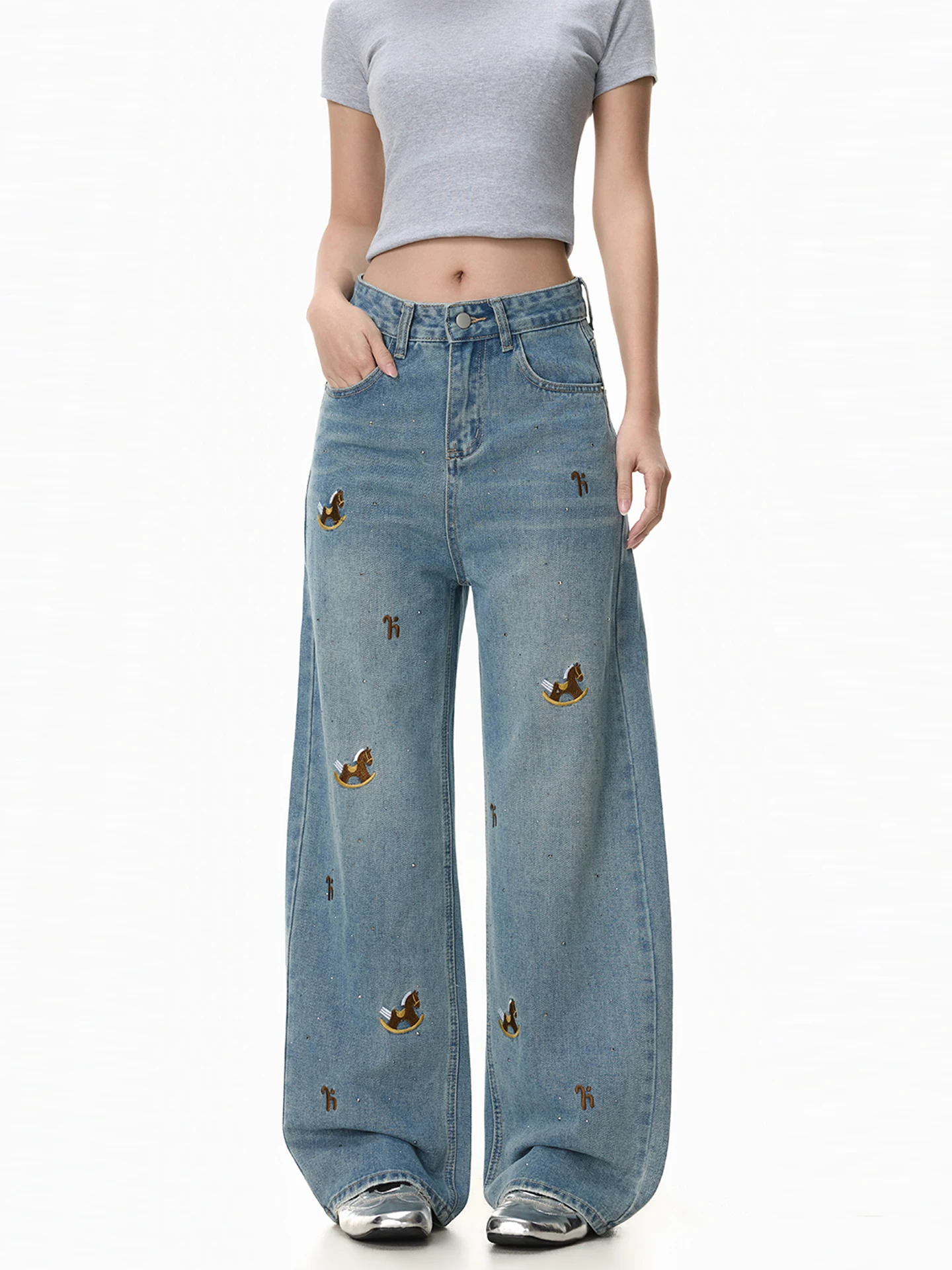 

Джинсы FreeMary с вышивкой, свободные, прямого кроя, с объемной вышивкой стразами, машинная вышивка, винтажный стиль, женские