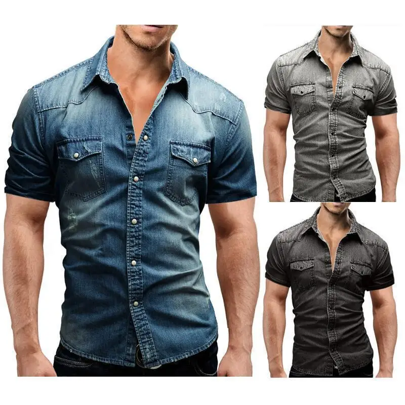 

2026 Mens Denim Shirt Short Sleeve Soft Cotton Two Pockets Slim Slight Stretch Summer Casual Jeans Cowboy Button Down Top Tee