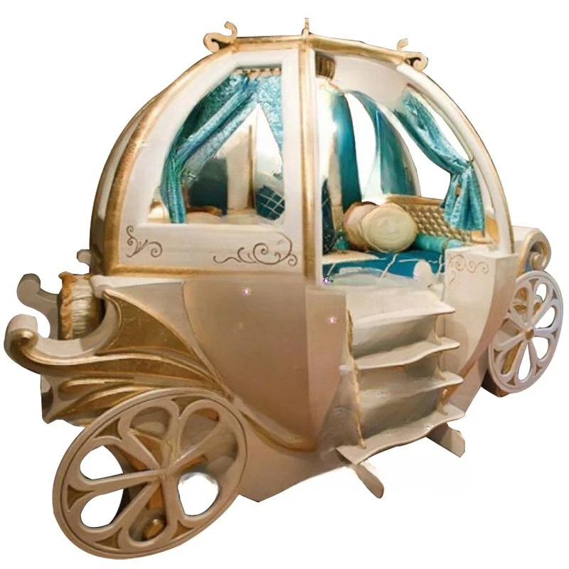 Cama infantil niña b ed, cama de carro creativa de madera maciza, carrito de calabaza