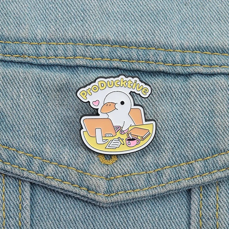 ProDucktive Working Duck Enamel Pin Cute Office Desk Laptop Coffee Brooch Funny Pun Lapel Badge Gift