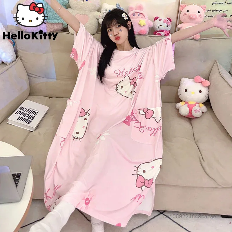 Sanrio Hello Kitty Pink Loose Pajama Dress Women Summer Dresses Cartoon Korean Style Cute Long T-shirts Y2k Female Nightgown