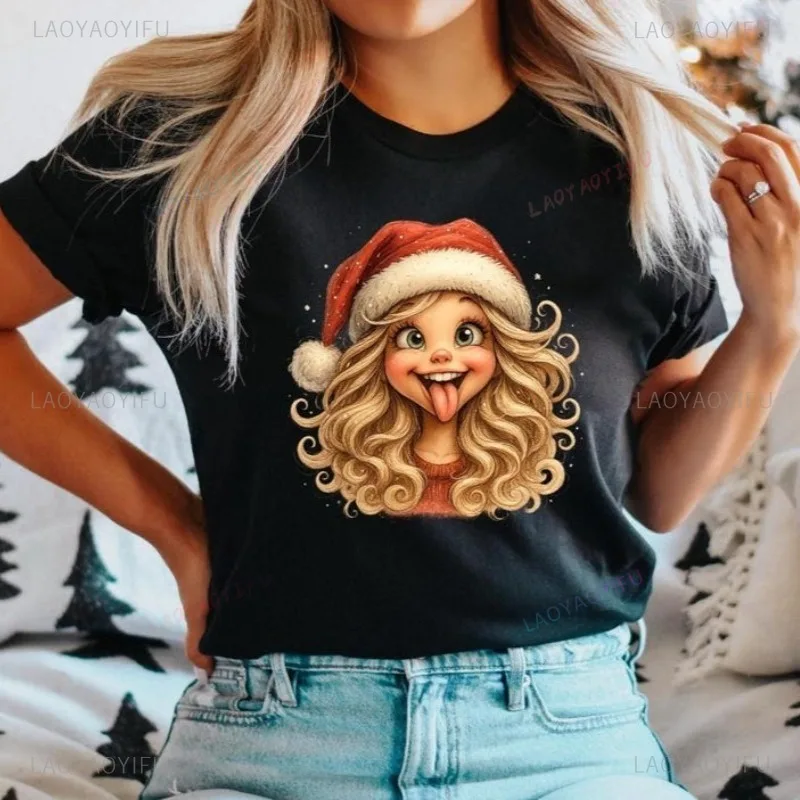 

Trendy Girl Christmas Shirt Cute Santa Hat Cartoon Girls T-Shirt Holiday Fashion Shirt Xmas Party Tees Ultra Simple Style Tees