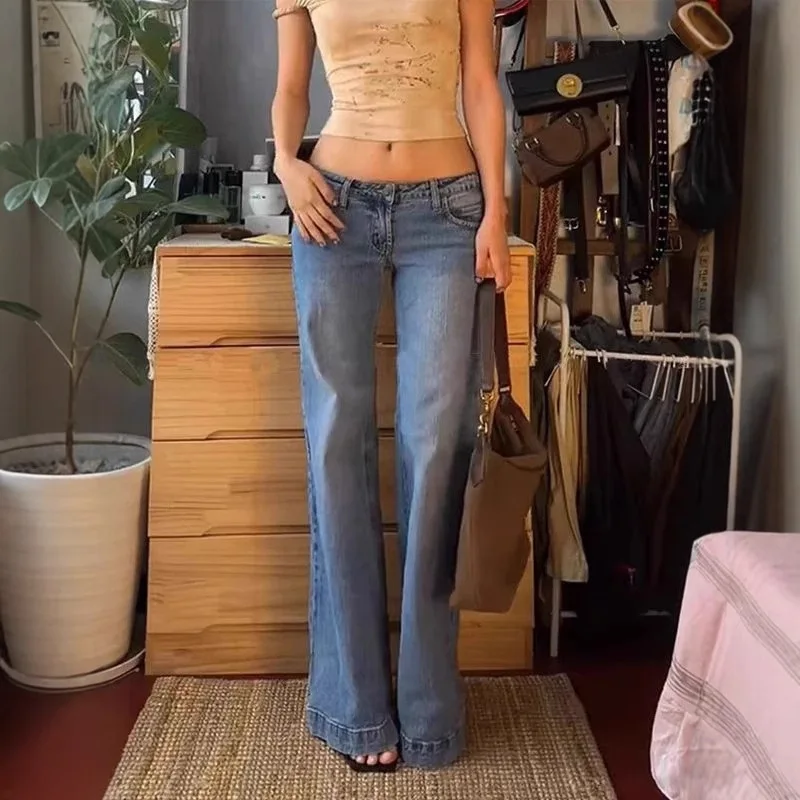 

American Y2K Women Jeans Low Rise Washed Flare Denim Pants Casual Fashion