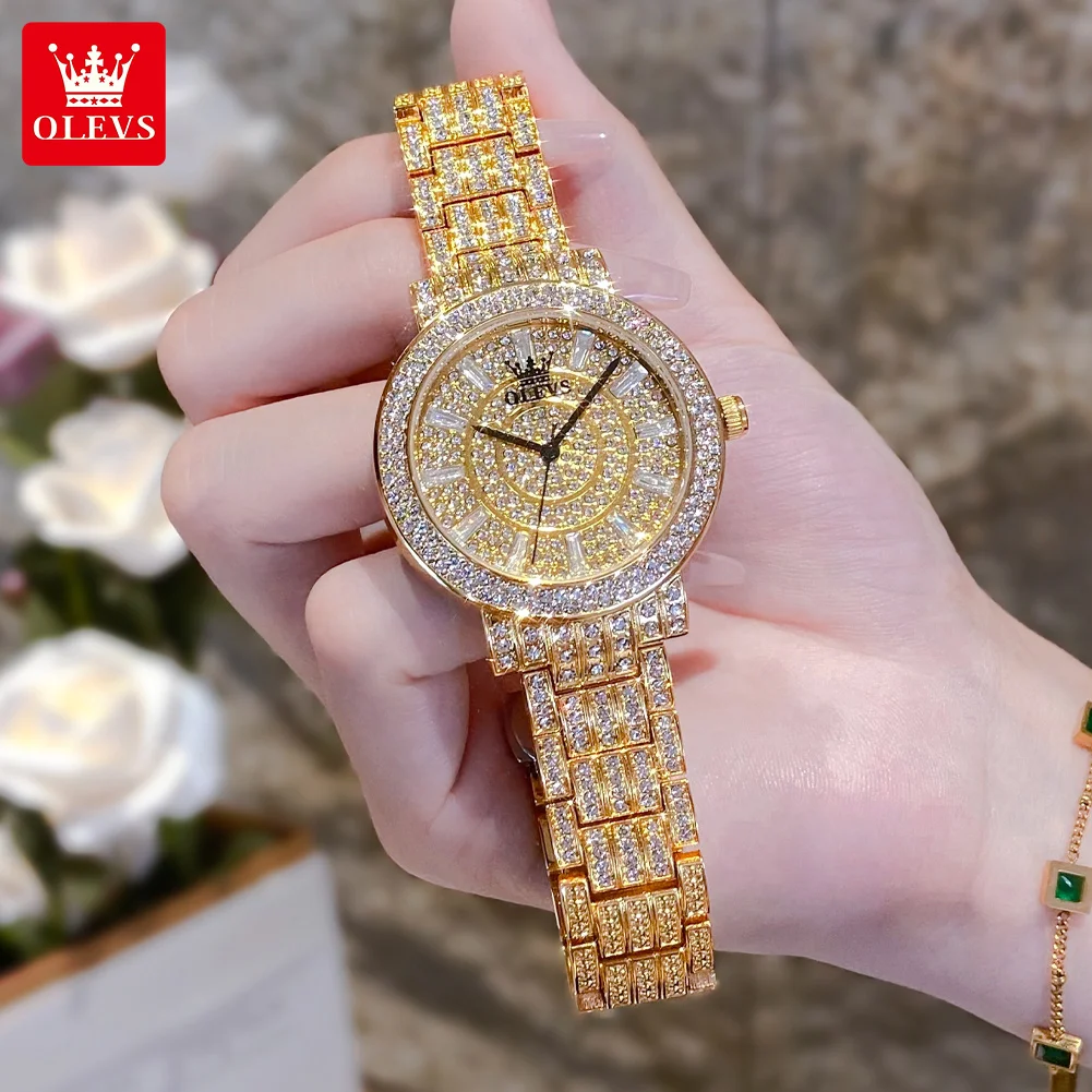 OLEVS 2024 New Full Diamond Watch for Women Fashion Steel Strap Waterproof Ladies Quartz Wristwatch Luxury Original Woman Watch