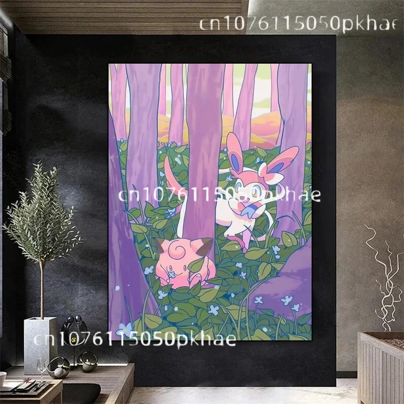 Póster de Pokémon de Anime japonés Nymphali Feelinara kez circundante, pintura en lienzo de Sylveon, arte de pared impreso, regalo para niños