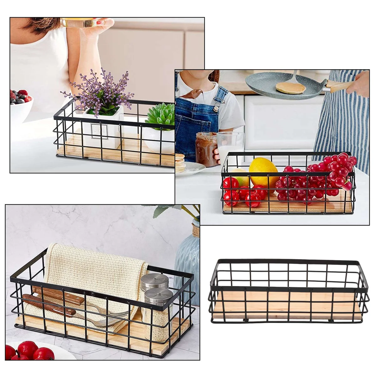 2Pack Metal Storage Basket with Wood Base,Decorative Baskets for Home Storage,Wire Basket for Organizing Small Tableware
