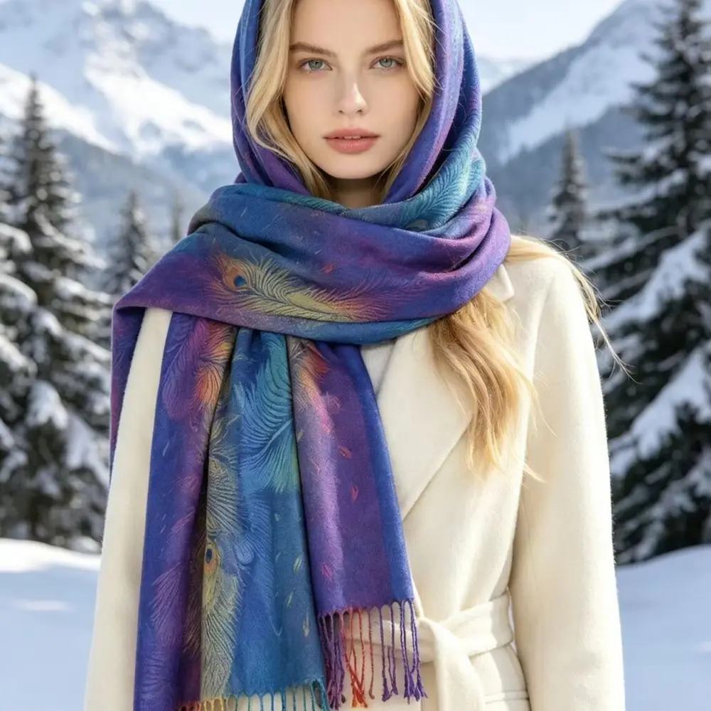 Winter Gradient Peacock Pattern Shawl Long Tassel Scarf Women Warm Soft Wrap Elegant Ethnic Style Fashion Pashmina
