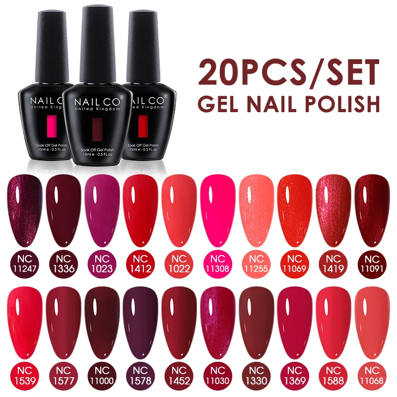 

NAILCO 15ml 20pcs/Set LED Gel Nail Polish Red Colors Vernis Set Semi Permanent UV Gel Varnish All For Manicure Soak Off Nail Art