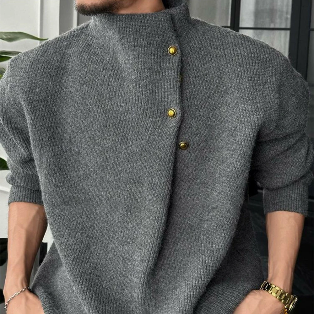 Autumn Winter New Fashion Trend Retro High Collar Button Design Sweater Mens Casual All-Match Loose Knit Sweater Mens Clothing