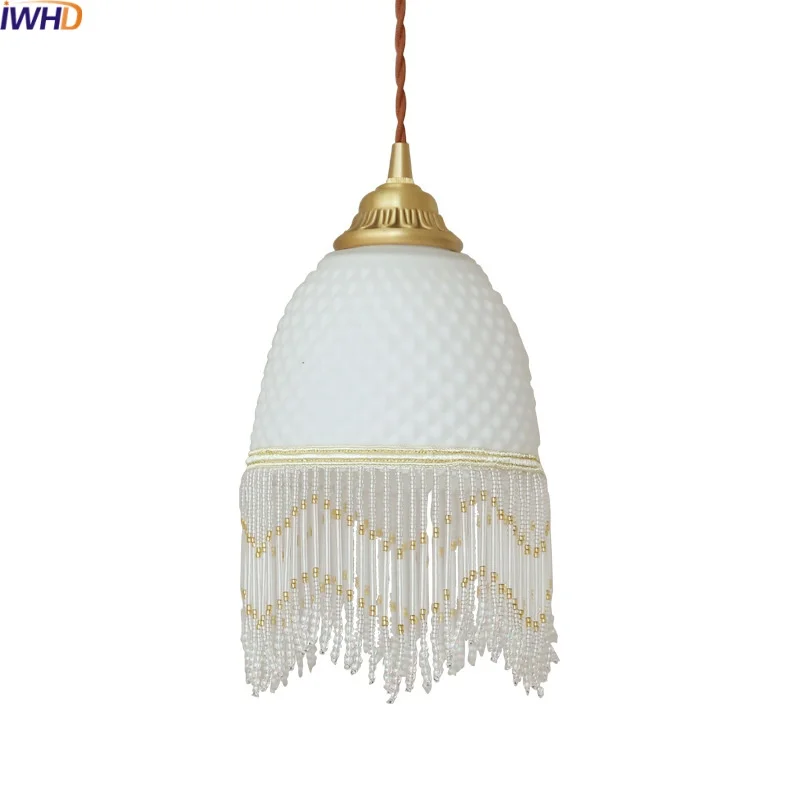 

IWHD American Retro LED Pendant Lights Fixtures Living Dining Room Bedroom Glass Tassels Hanging Lamp Luminaire Suspension