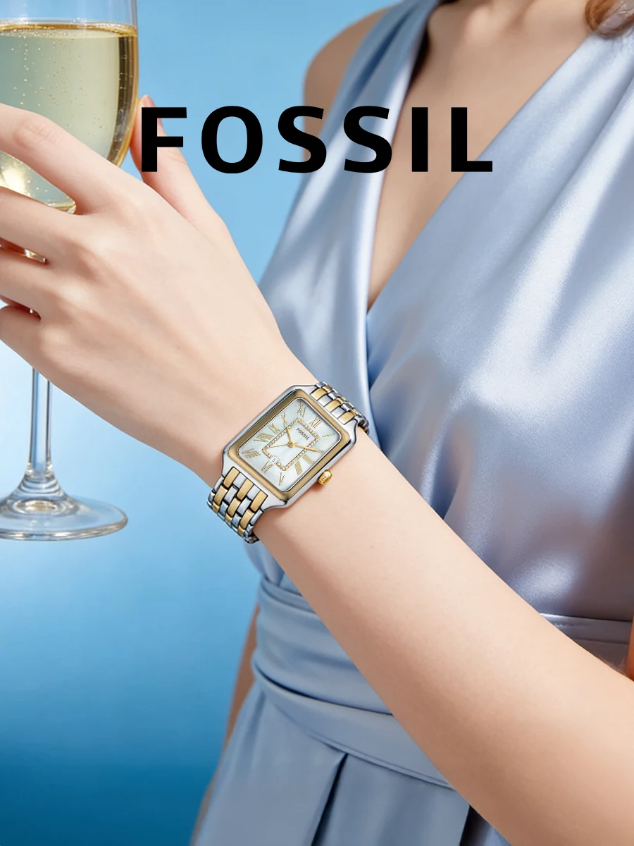 FOSSIL ES5305 Women Quartz Watch Rectangular Mop Dial Two Tone Steel Bracelet For Afternoon Tea Girlfriend Gift