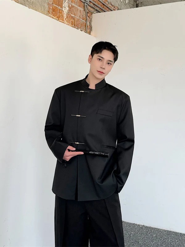 

New Chinese Style Men's Suit Jacket with Metal Button Stand Collar Side Button Design Versatile Casual Western Coat