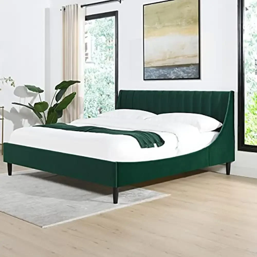 Handmade Modern Headboard Platform Bed Set King Size Upholstered Velvet Stained Finish Maximum Weight 900 lbs Evergreen Color