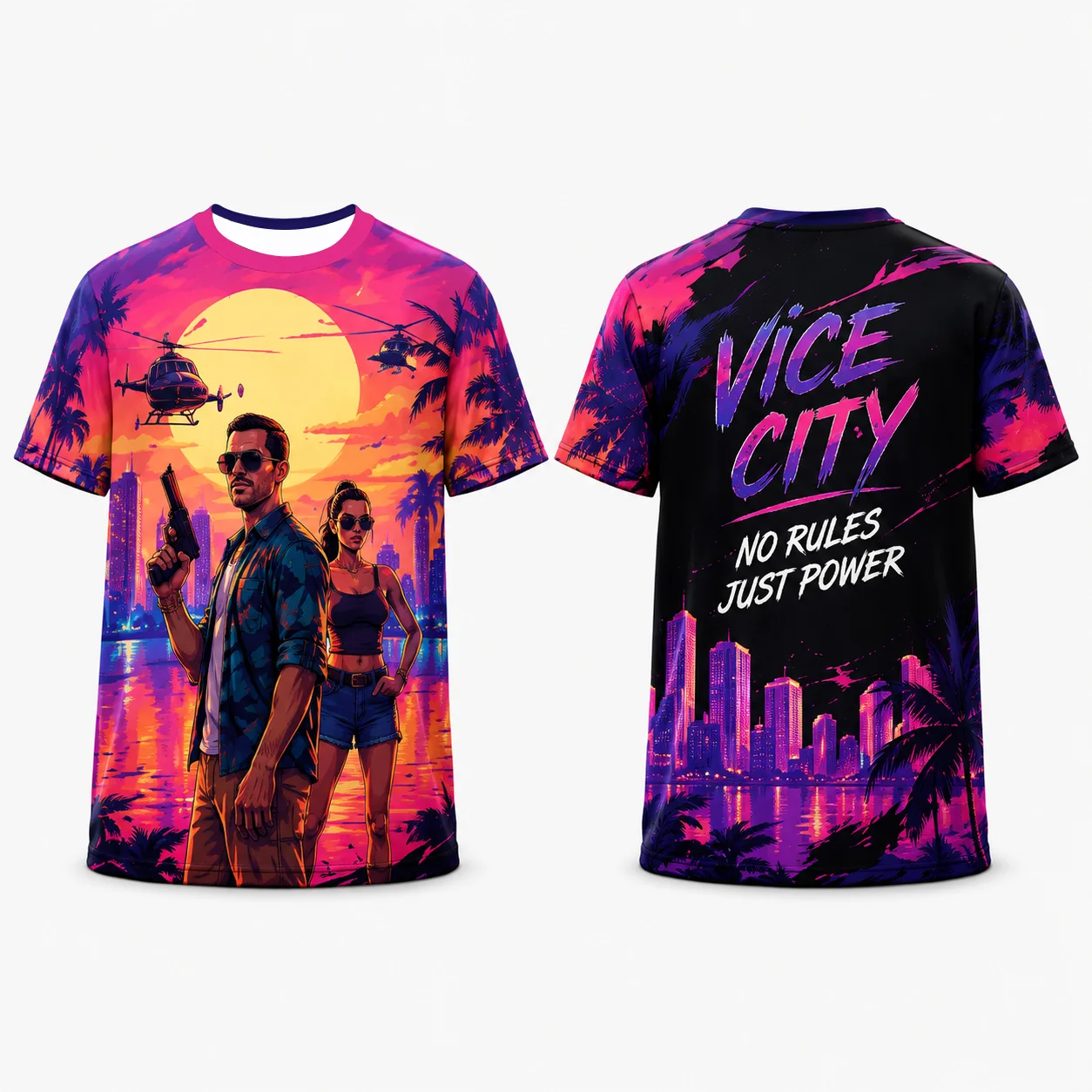 Vice City Retro Synthwave Doppelseitig bedrucktes T-Shirt, Unisex, Miami Palm Tree, Sport-T-Shirt, atmungsaktives Mesh, schnell trocknendes Streetwear-Oberteil – Detail 8