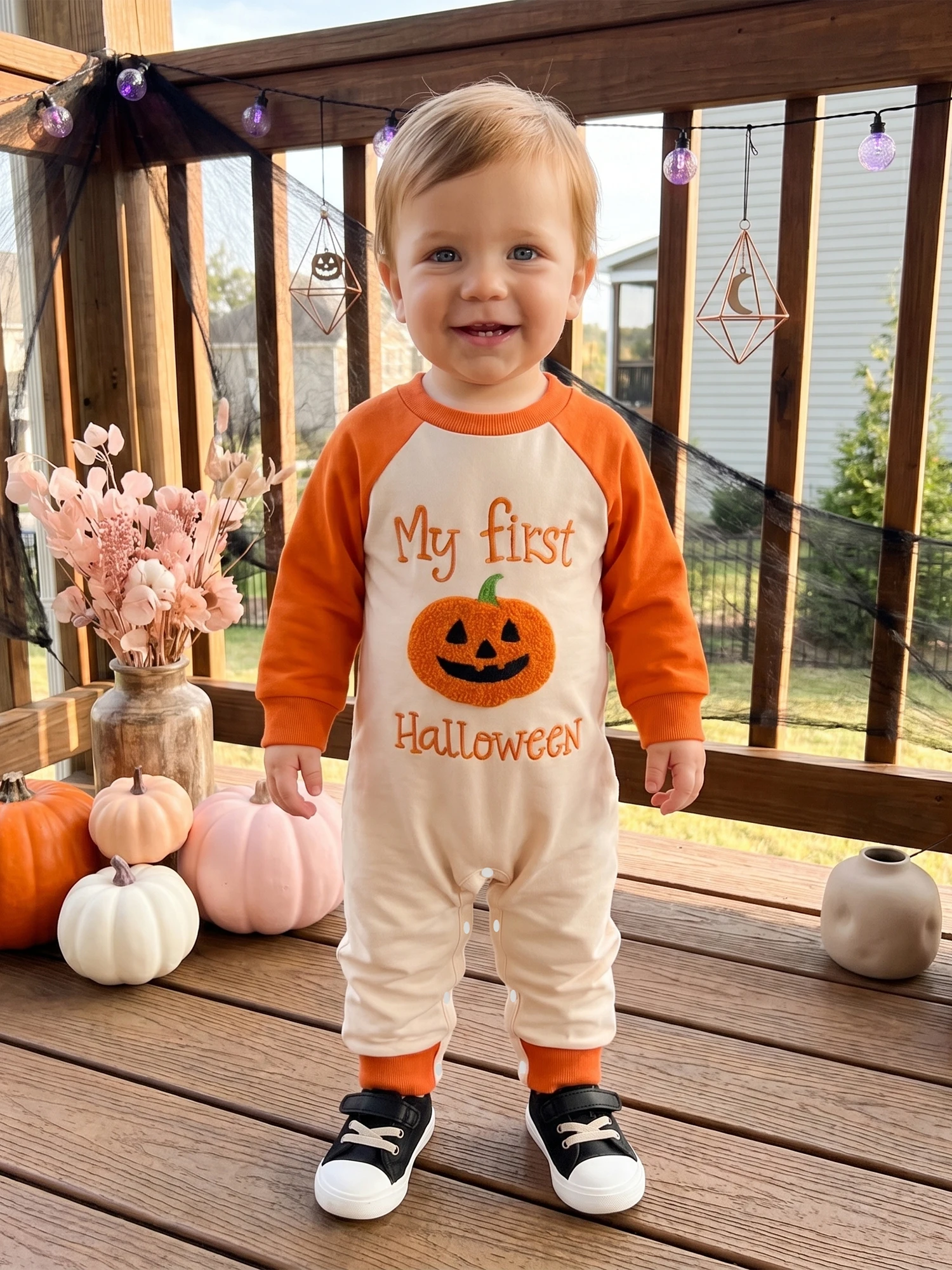 Baby-Halloween-Strampler mit Kürbis-Buchstaben-Stickerei, langer Raglan-Ärmel-Overall, niedliche Herbst-Feiertagskleidung für Kleinkinder, Jungen und Mädchen – Detail 2