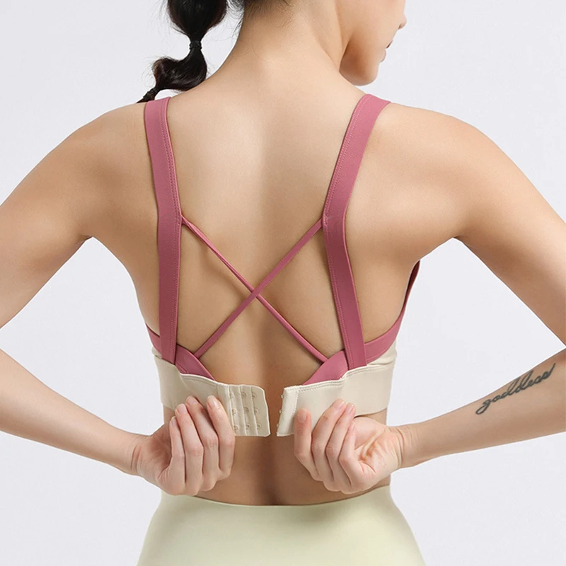 Women's Sports Bra Running Shock Absorption Large Size Contrast Color Yoga Fitness Gathered Backless Outerwear