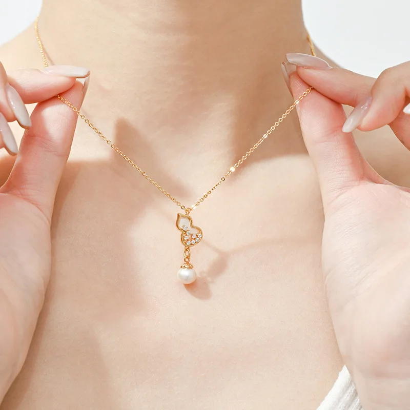 

1Pc Exquisite French-style Mother-of-pearl Gourd Necklace,Luxurious Double-sided Pendant Tassel Pearl Clavicle Chain,Christmas
