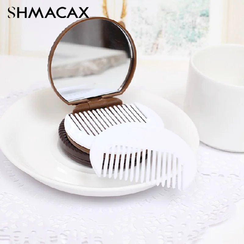 Chocolate Biscuit Round Folding Make Up Mirror Ins Kawai Outside Pocket Mirrors Women Small Cocoa Mirror With Combs Black Coffee