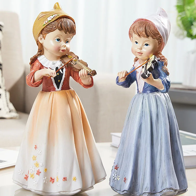 New Cute Pastoral Style Violin Girl Sculptures And Figurines Resin Handicrafts Desktop Ornament TV Stand Study Home Decoration