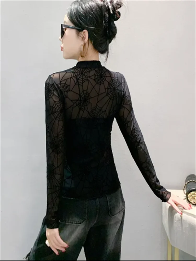 Spider Web Mesh Tshirt Women T-shirts Blouse Spring Autumn Slim fit Women Tees Fashion Flocking Long sleeve Casual Black T-Shirt