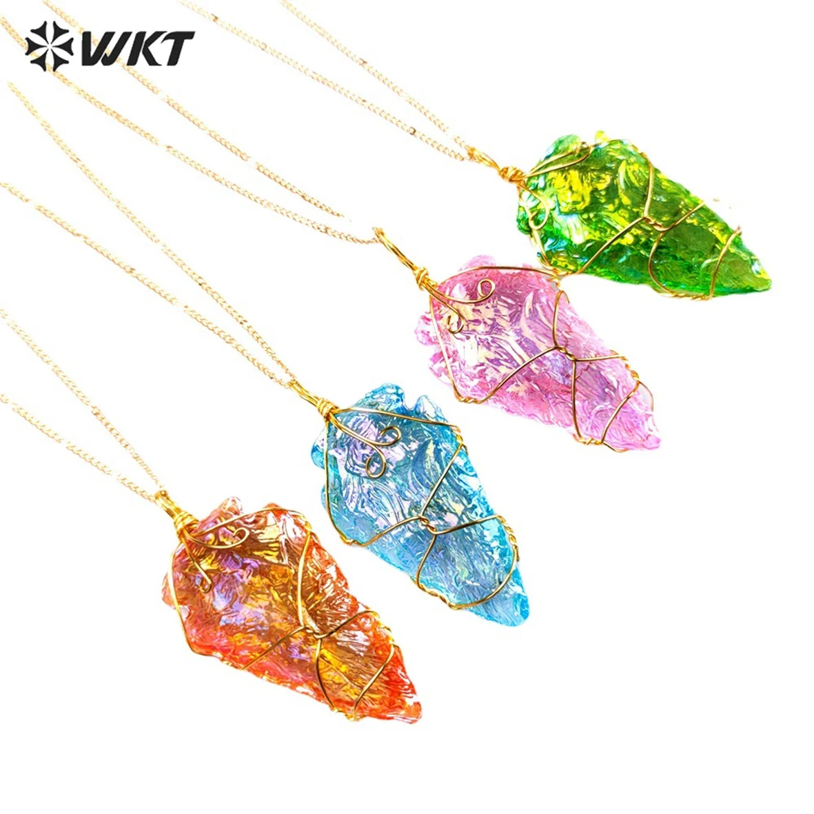 WT-N1403 Wholesale Fashion Aura Titanium Electroplated Crystal quartz Arrowhead pendant Fashion Raw stone necklace