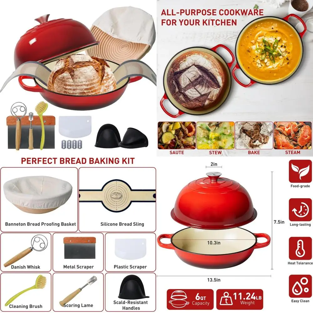 

Многофункциональная голландская духовка на 6 литров с чугунной печью для хлеба, корзиной для расстойки, силиконовым ремешком и венчиком для выпечки