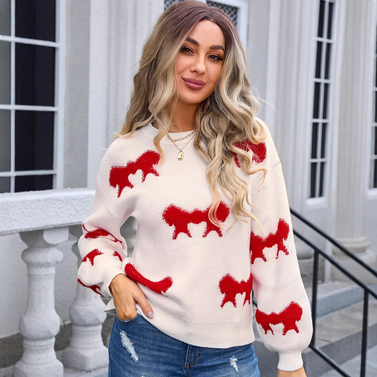 Nueva llegada de invierno, suéter de punto de cuello redondo de manga larga con Nudo de mariposa a la moda de Cachemira de algodón estilo callejero para mujer