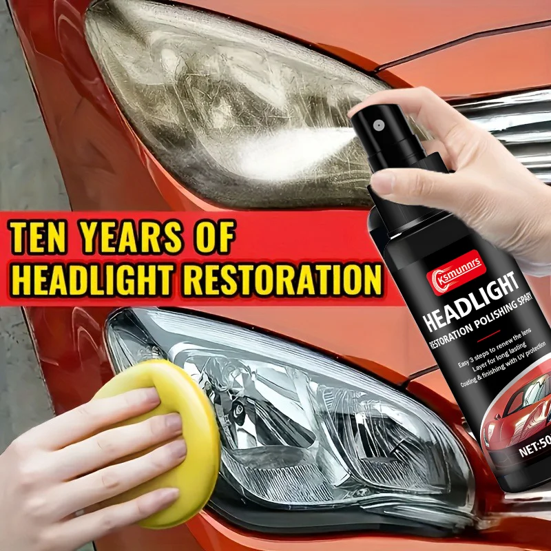 Headlight Restoration Polish Spray - Quick Yellowing Fogging Removal Boosts Light Brightness Improves Driving Safety