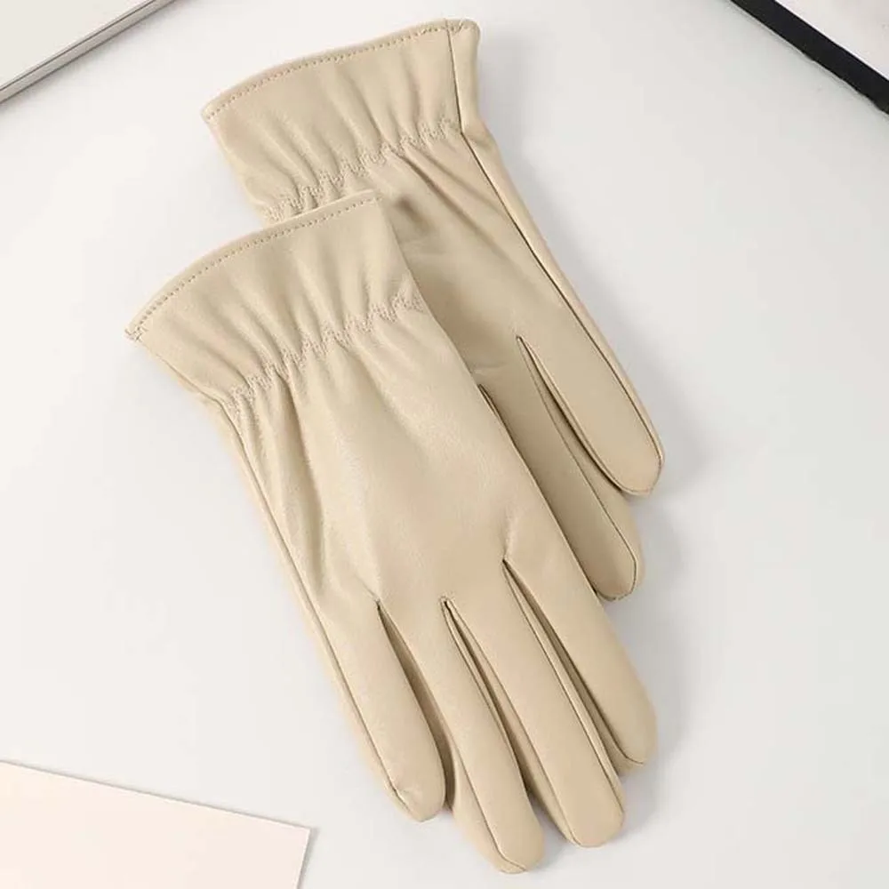 All-Match Soft PU Anti-cold Gloves Waterproof Solid Color Beige Finger Mittens Pleated Touch Screen Windproof Mittens Autumn