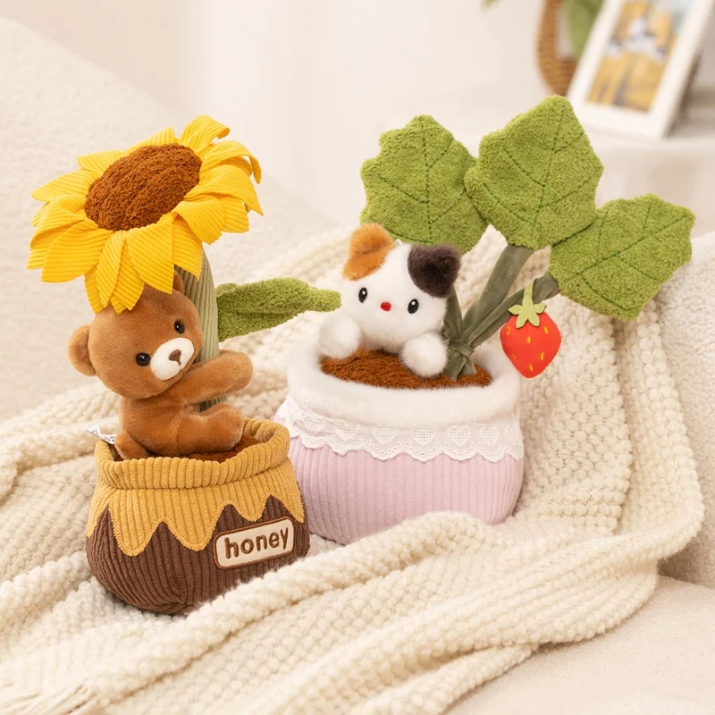 Potted Animal Series Peach Blossom Elephant Sunflower Bear Strawberry Kitten Two-in-One Capybara Avocado Plush Toys Home Decor