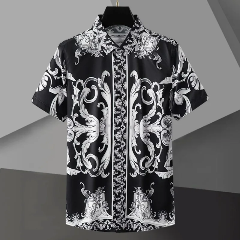 

2023 Summer Shirt Men Hawaiian Shirts Streetwear Black Baroque Pattern Print Beach Shirt Hip Hop Casual Tropical Holiday Tops
