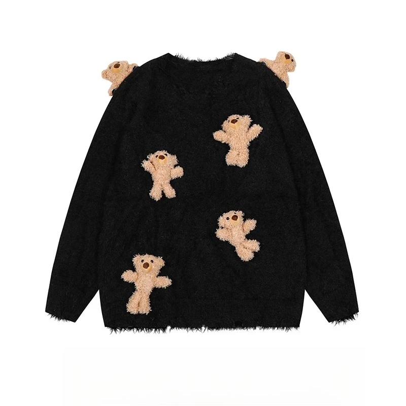 2025 가을 겨울 신상 핫세일 일본 스타일 재미있는 3D 곰 라운드넥 살구색 스웨터 루즈 캐주얼 블랙 니트 탑