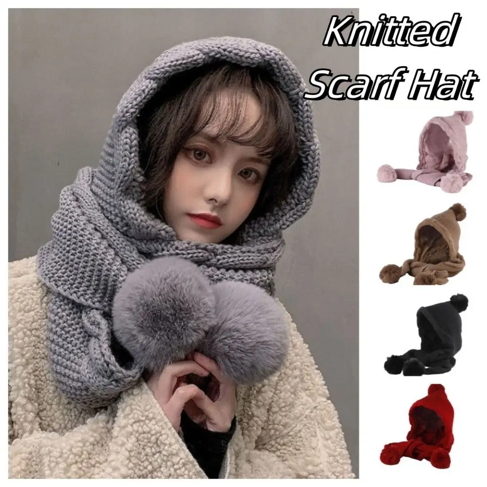 

Cute Twist Knitted Hat Scarf Set Neck Warmer Ear Protection Women Hooded Scarf Korean Style Thicken Neckerchief All-match