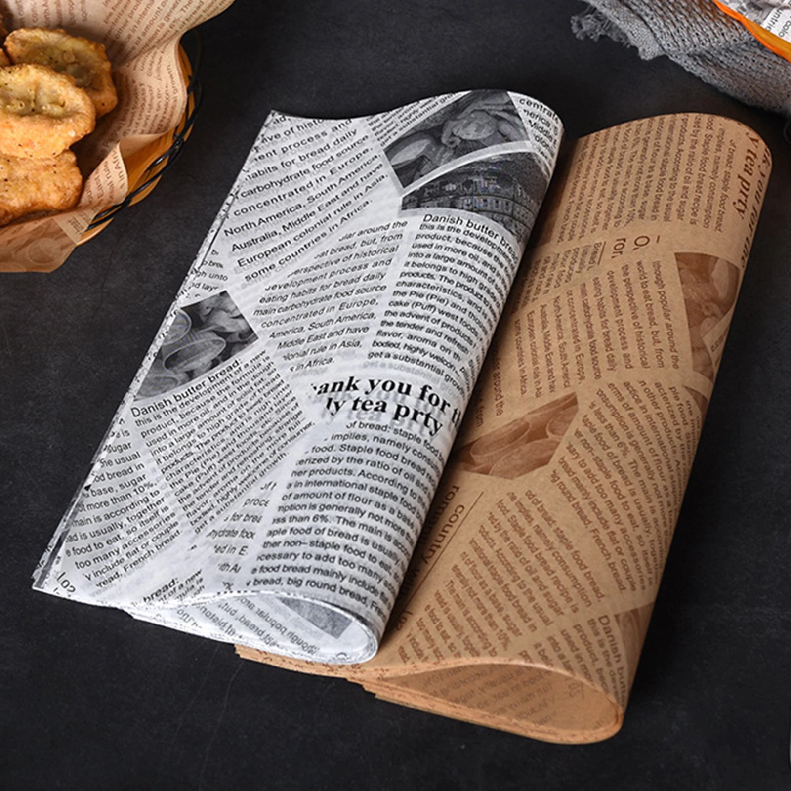 100Pcs Non-Stick Paper Baking Sheets English Newspapers Print Food Basket Liners for Wrapping Bread and Sandwiches NIN668