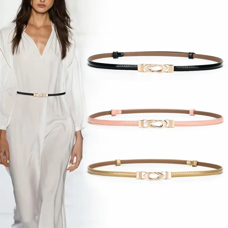 

New Fashion Thin Women Belt Stylish Leather Waistband Gold Alloy Buckle Skinny Waist Belts For Dress Pants