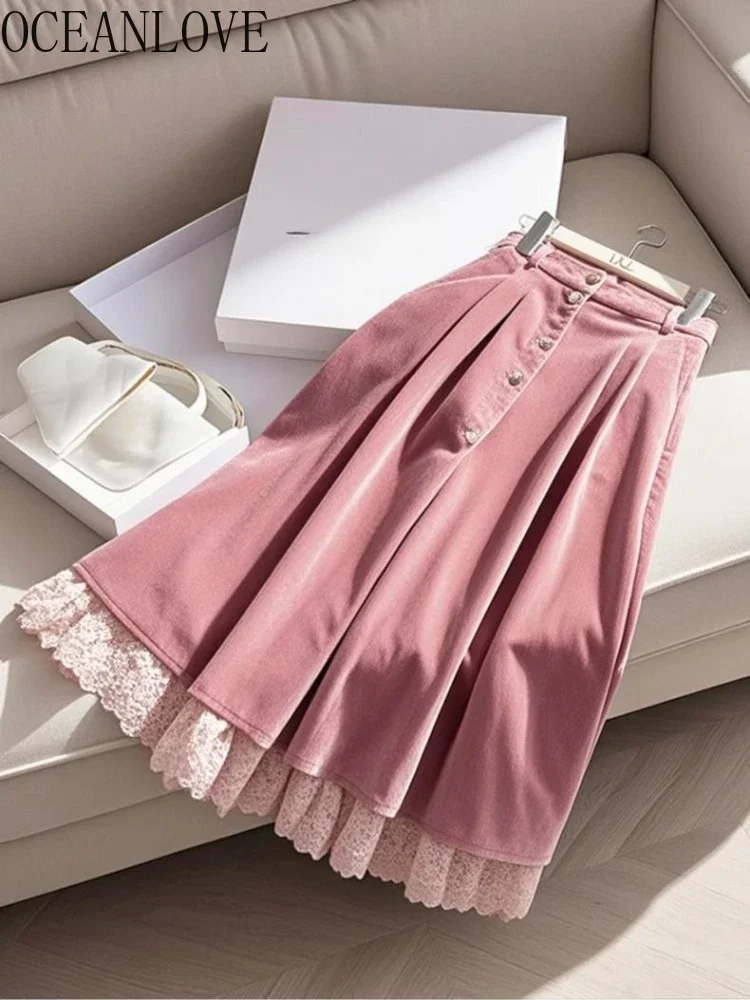 OCEANLOVE Pink Skirts Women Corduroy Solid Autumn Winter Faldas Mujer Korean Fashion Elegant Sweet Vintage Long Skirt